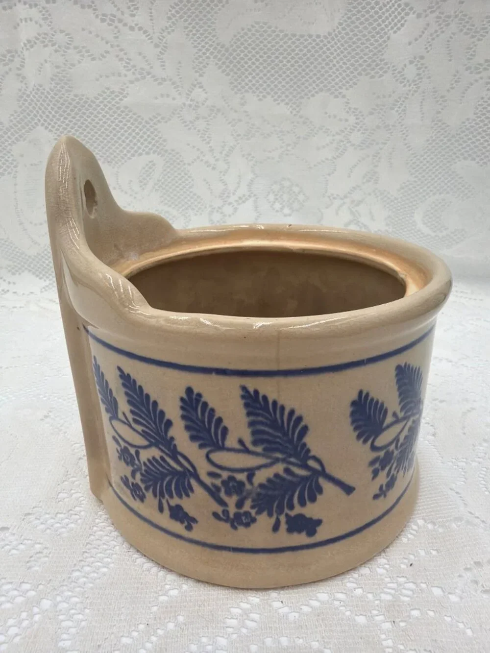 Antique Blue Onion Salt Box | Large Ceramic Salt Cellar | Wall Mount or Countert